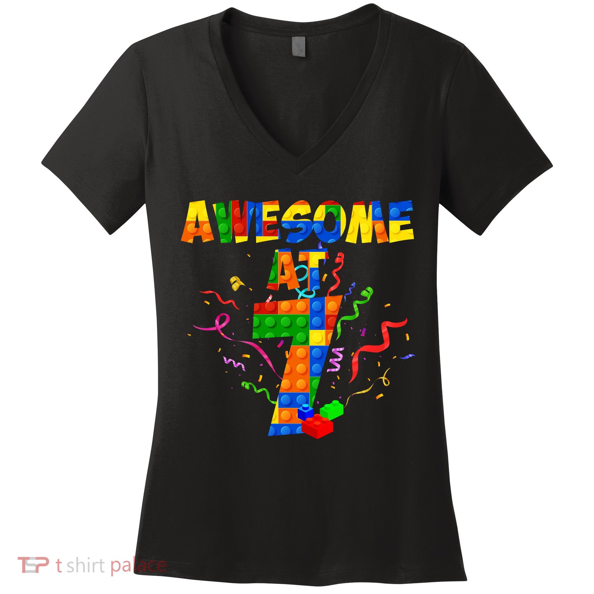 Awesome At 7 Cute Birthday Building Blocks Women's V-Neck T-Shirt