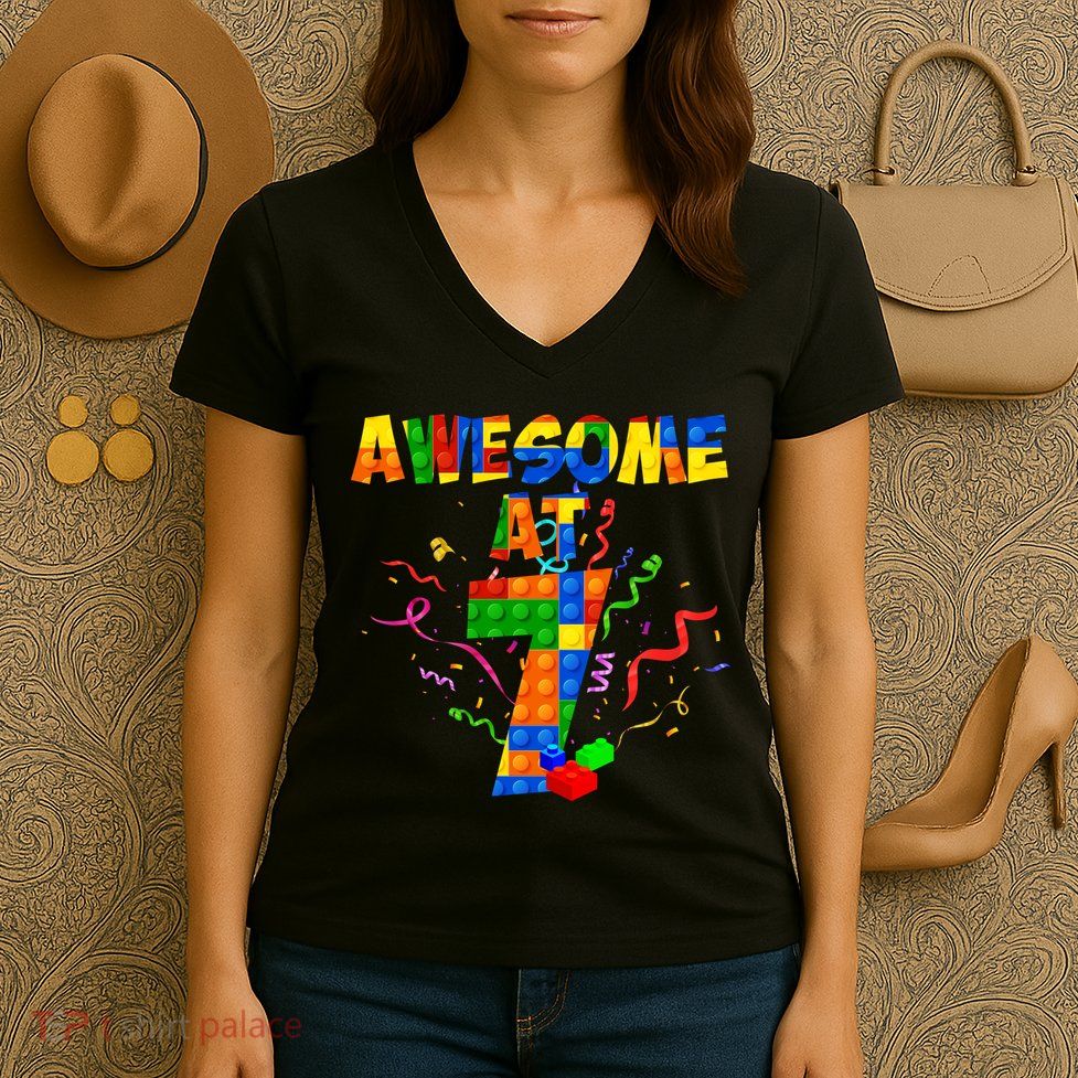 Awesome At 7 Cute Birthday Building Blocks Women's V-Neck T-Shirt
