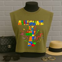 Awesome At 7 Cute Birthday Building Blocks Garment-Dyed Women's Muscle Tee