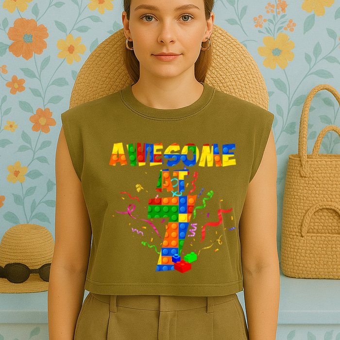 Awesome At 7 Cute Birthday Building Blocks Garment-Dyed Women's Muscle Tee