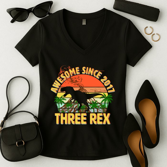 Awesome Since 2017 Tree Rex 3rd Birthday Women's V-Neck T-Shirt