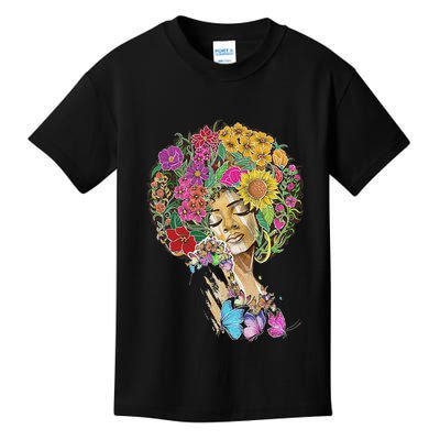 Afro Women Flowers Butterfly Latina African American Melanin Kids T-Shirt