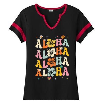 Aloha Women Hawaii Family Vacation Trip Girl Summer Groovy Ladies Halftime Notch Neck Tee