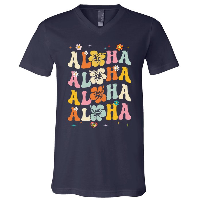 Aloha Women Hawaii Family Vacation Trip Girl Summer Groovy V-Neck T-Shirt