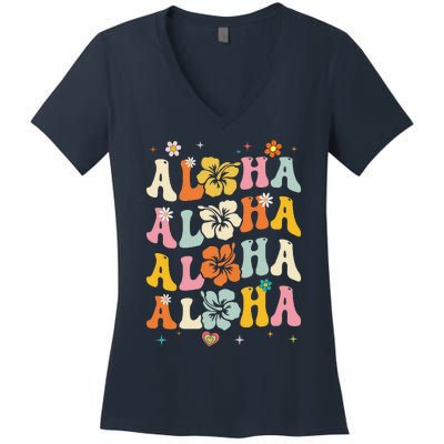 Aloha Women Hawaii Family Vacation Trip Girl Summer Groovy Women's V-Neck T-Shirt