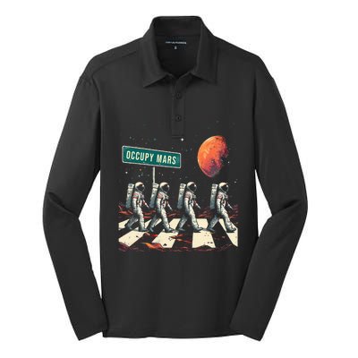 Astronauts Walking In Space Occupy Mars Silk Touch Performance Long Sleeve Polo