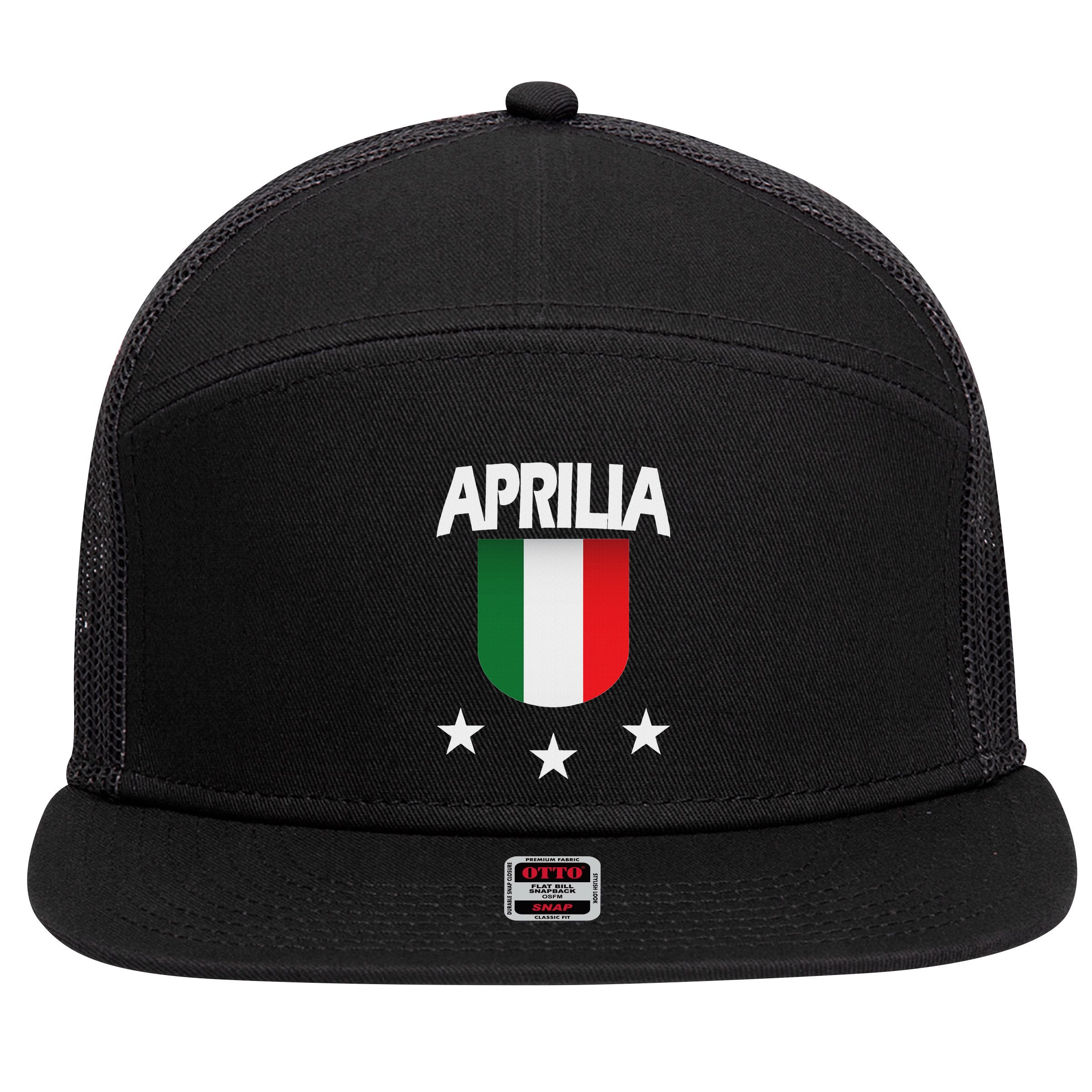 Aprilia With Italian Flag And 3 White Stars 7 Panel Mesh Trucker Snapback Hat