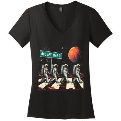 Astronauts Walking In Space Occupy Mars Women's V-Neck T-Shirt