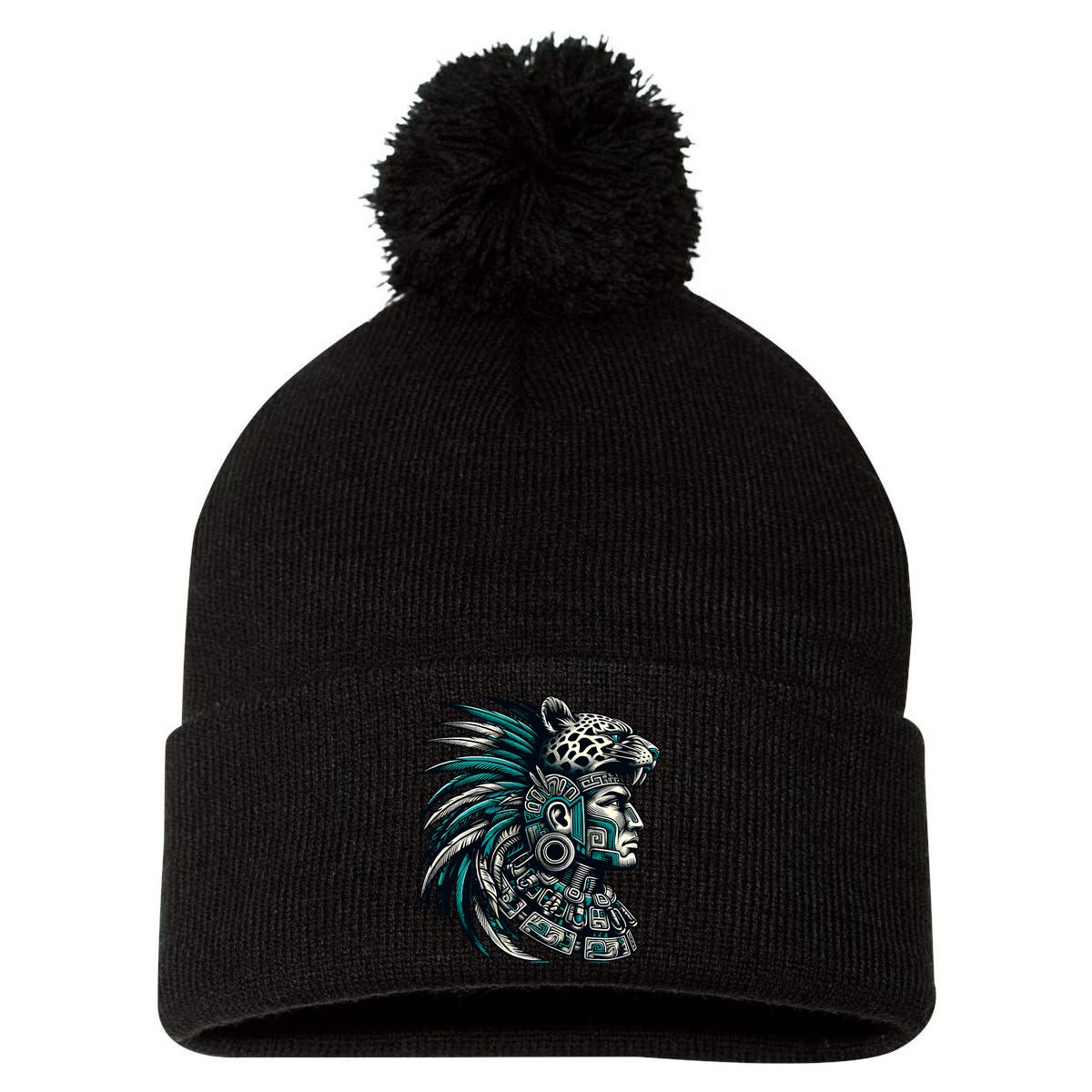 Aztec Warrior Jaguar Pom Pom 12in Knit Beanie