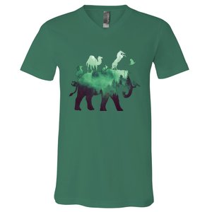 Animal Wild Life Forest Double Exposure V-Neck T-Shirt