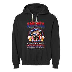 America We Love Dogs Boxer Dog and Beer 4th Of July Garment-Dyed Fleece Hoodie