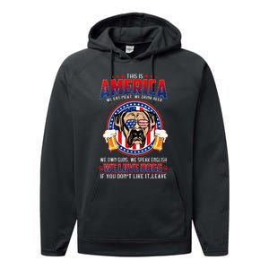 America We Love Dogs Boxer Dog and Beer 4th Of July Performance Fleece Hoodie