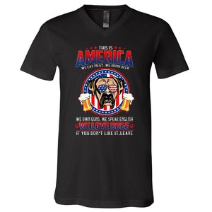 America We Love Dogs Boxer Dog and Beer 4th Of July V-Neck T-Shirt