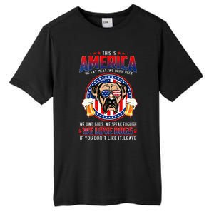 America We Love Dogs Boxer Dog and Beer 4th Of July Tall Fusion ChromaSoft Performance T-Shirt