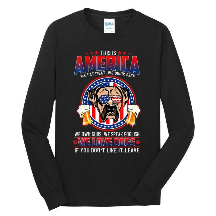 America We Love Dogs Boxer Dog and Beer 4th Of July Tall Long Sleeve T-Shirt