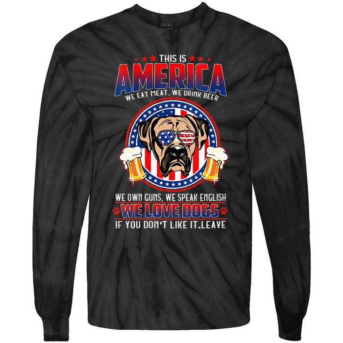 America We Love Dogs Boxer Dog and Beer 4th Of July Tie-Dye Long Sleeve Shirt