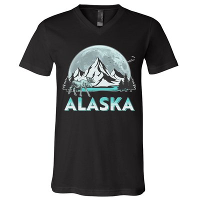 Alaska Wilderness Moose Moon V-Neck T-Shirt