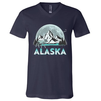 Alaska Wilderness Moose Moon V-Neck T-Shirt