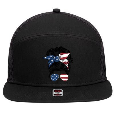 American Woman Messy Bun USA Flag Mom 7 Panel Mesh Trucker Snapback Hat