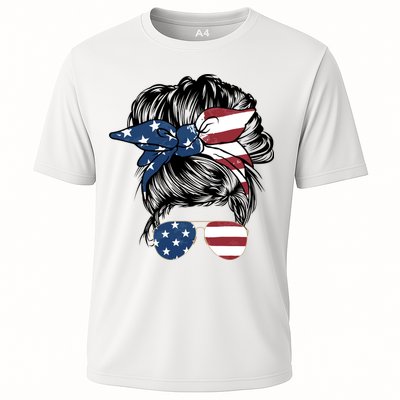 American Woman Messy Bun USA Flag Mom Performance Shirt