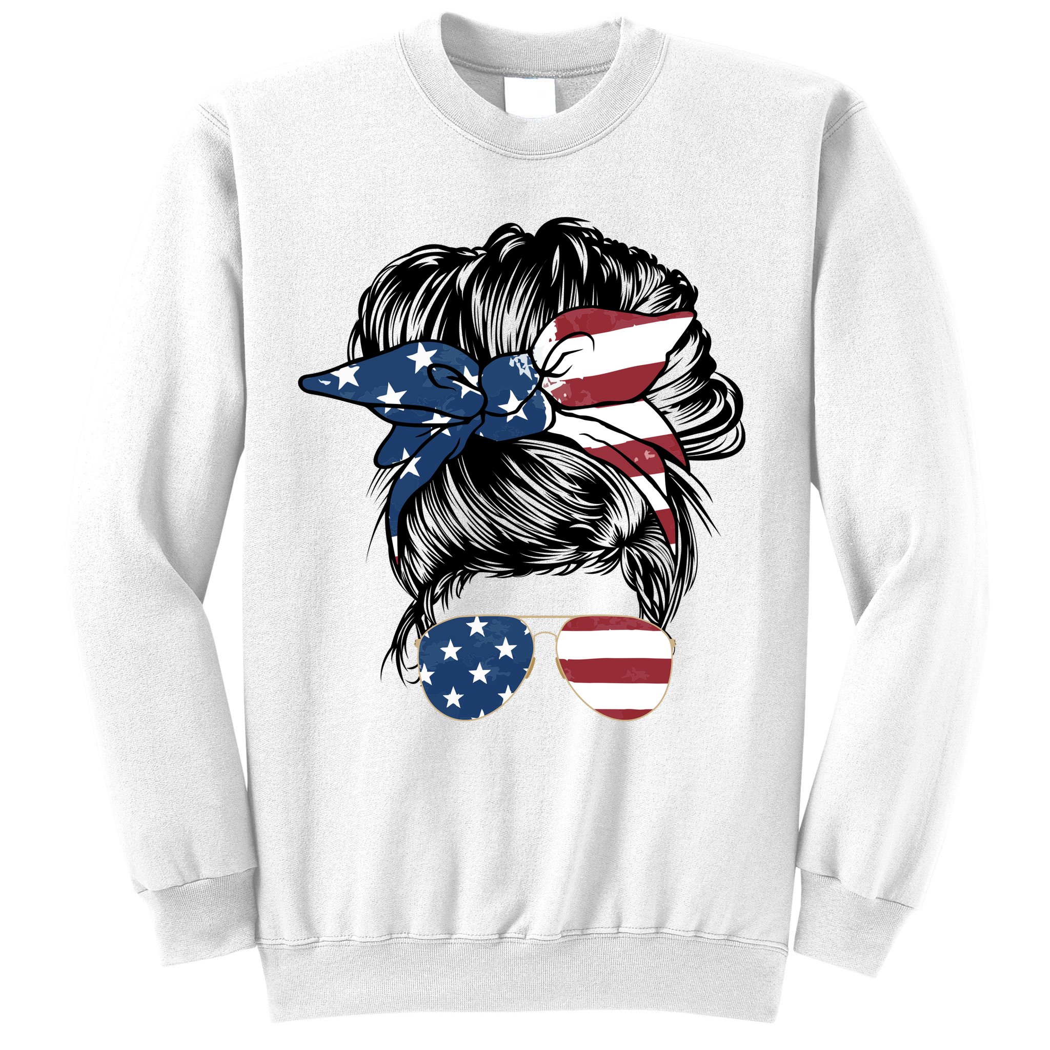 American Woman Messy Bun USA Flag Mom Sweatshirt