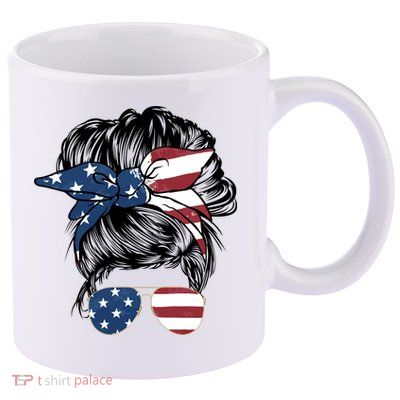 American Woman Messy Bun USA Flag Mom 11oz C Handle Ceramic Mug