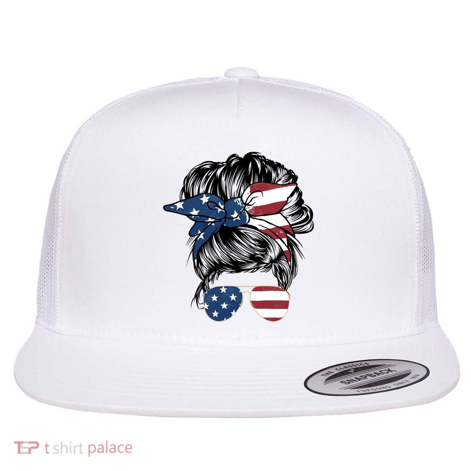 American Woman Messy Bun USA Flag Mom Flatbill Hat