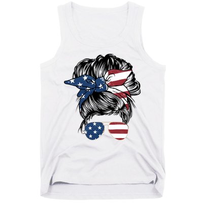 American Woman Messy Bun USA Flag Mom Tank Top