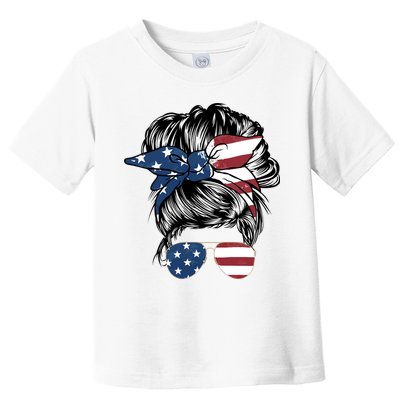 American Woman Messy Bun USA Flag Mom Toddler T-Shirt