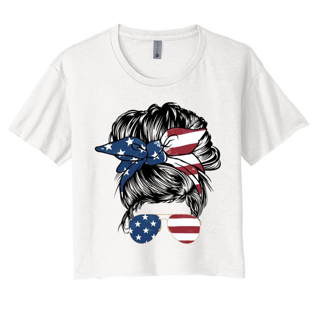 American Woman Messy Bun USA Flag Mom Crop Top
