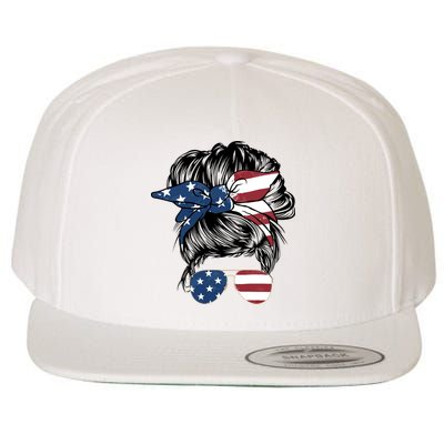 American Woman Messy Bun USA Flag Mom Wool Snapback Cap
