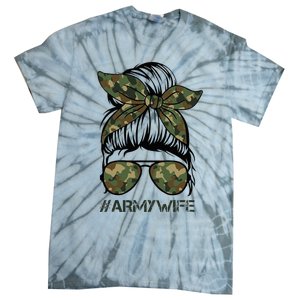 Army Wife Messy Bun Veteran Camouflage Bandana Sunglasses Tie-Dye T-Shirt