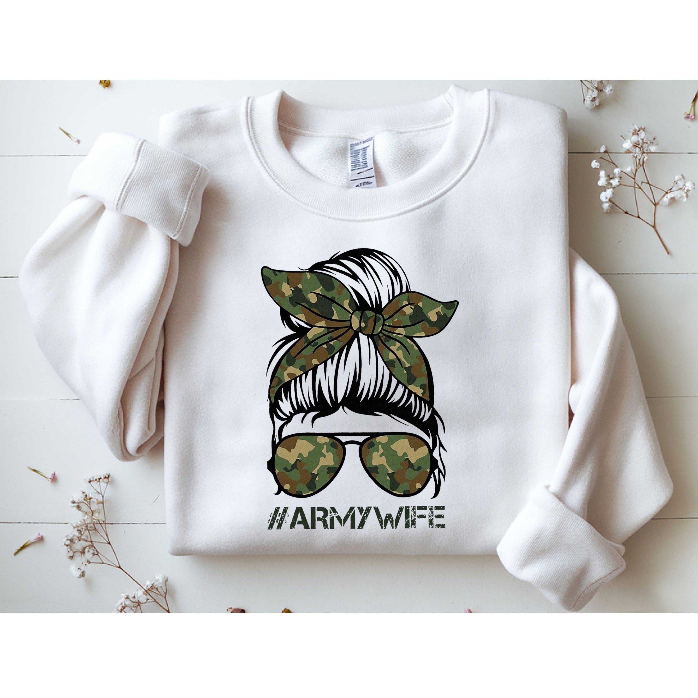 Army Wife Messy Bun Veteran Camouflage Bandana Sunglasses Sweatshirt