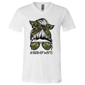 Army Wife Messy Bun Veteran Camouflage Bandana Sunglasses V-Neck T-Shirt