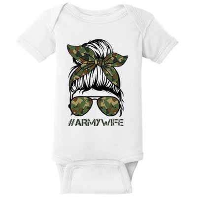 Army Wife Messy Bun Veteran Camouflage Bandana Sunglasses Baby Bodysuit