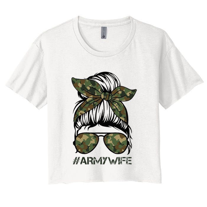 Army Wife Messy Bun Veteran Camouflage Bandana Sunglasses Women's Crop Top Tee