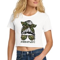Army Wife Messy Bun Veteran Camouflage Bandana Sunglasses Women's Crop Top Tee