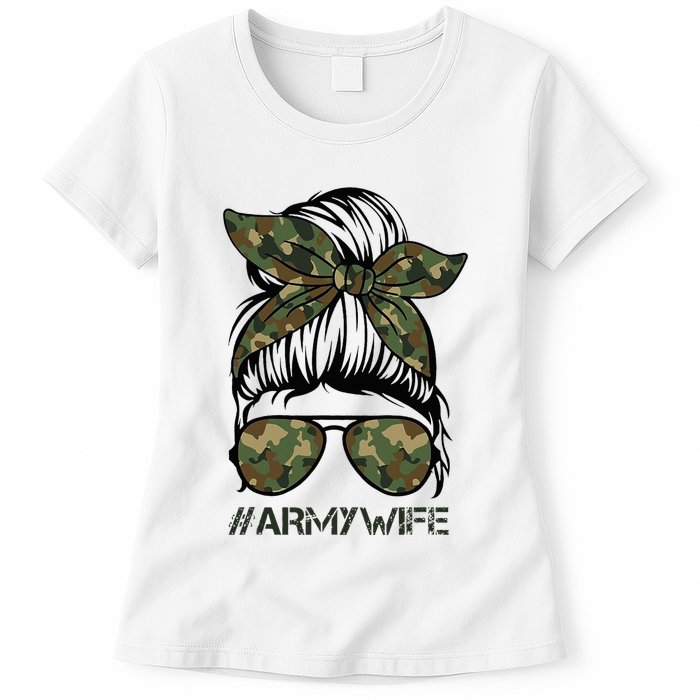 Army Wife Messy Bun Veteran Camouflage Bandana Sunglasses Womens T-Shirt