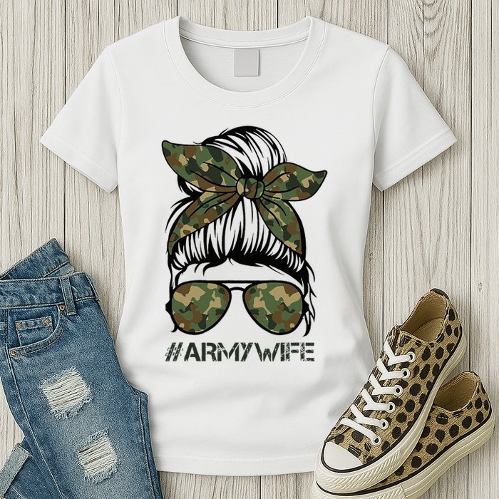 Army Wife Messy Bun Veteran Camouflage Bandana Sunglasses Womens T-Shirt