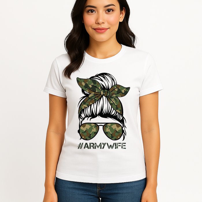 Army Wife Messy Bun Veteran Camouflage Bandana Sunglasses Womens T-Shirt