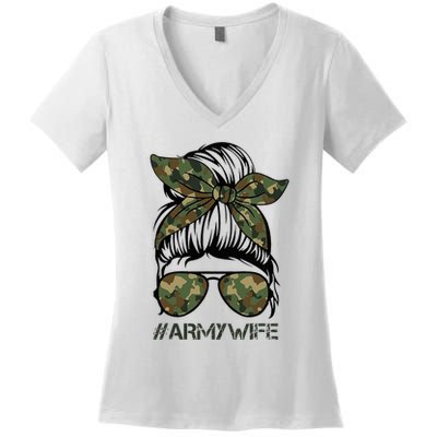 Army Wife Messy Bun Veteran Camouflage Bandana Sunglasses Women's V-Neck T-Shirt