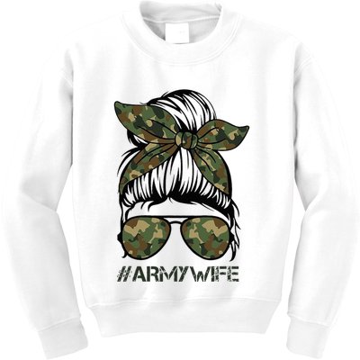 Army Wife Messy Bun Veteran Camouflage Bandana Sunglasses Kids Sweatshirt