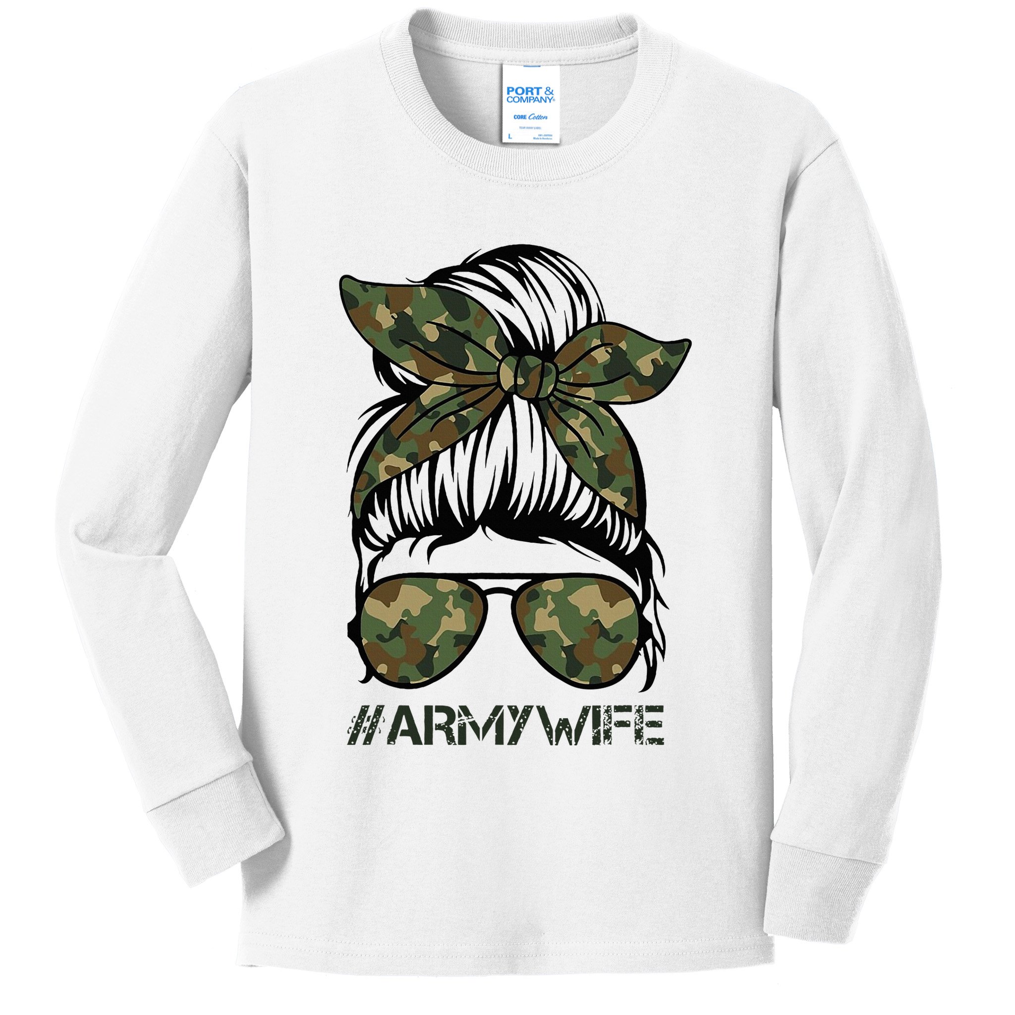 Army Wife Messy Bun Veteran Camouflage Bandana Sunglasses Kids Long Sleeve Shirt