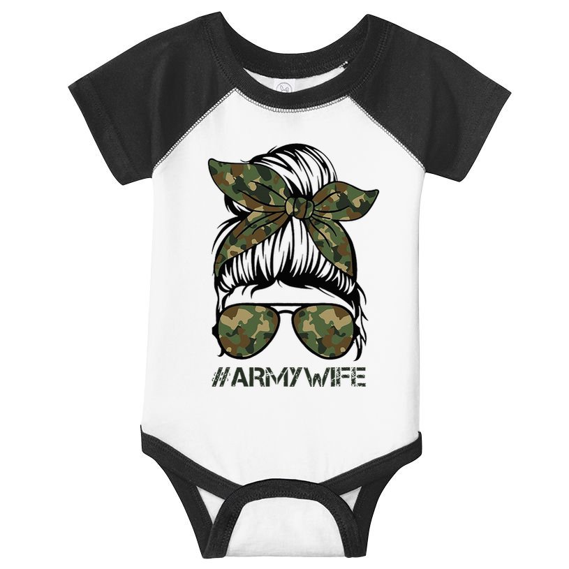 Army Wife Messy Bun Veteran Camouflage Bandana Sunglasses Infant Baby Jersey Bodysuit