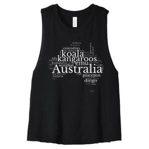 Australia Word Map Kangaroos Koala Wombat Emu Dingo Women's Racerback Cropped Tank