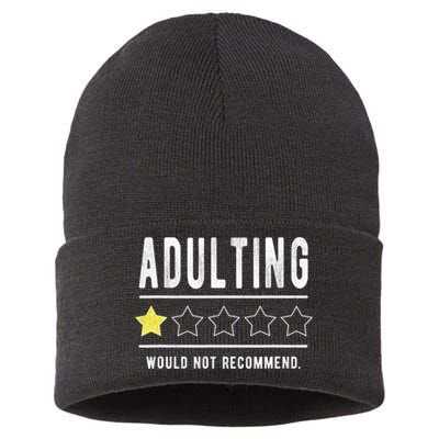Adulting Would Not Recommend Funny Sayings One Star Adulting Sustainable Knit Beanie