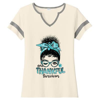 Afro Women Ovarian Cancer Awareness One Thankful Survivor Ladies Halftime Notch Neck Tee