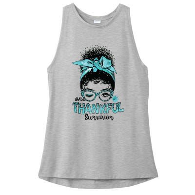 Afro Women Ovarian Cancer Awareness One Thankful Survivor Ladies PosiCharge Tri-Blend Wicking Tank