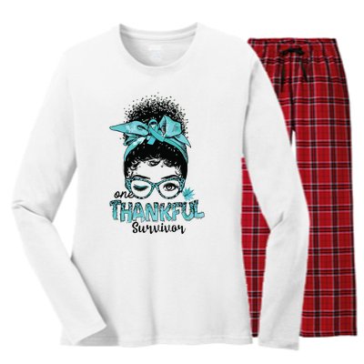 Afro Women Ovarian Cancer Awareness One Thankful Survivor Women's Long Sleeve Flannel Pajama Set 