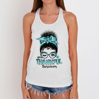 Afro Women Ovarian Cancer Awareness One Thankful Survivor Women's Knotted Racerback Tank